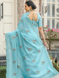 Beautiful Sky-Blue Embroidered Cotton Festival Wear Saree With Blouse - Zeel Clothing