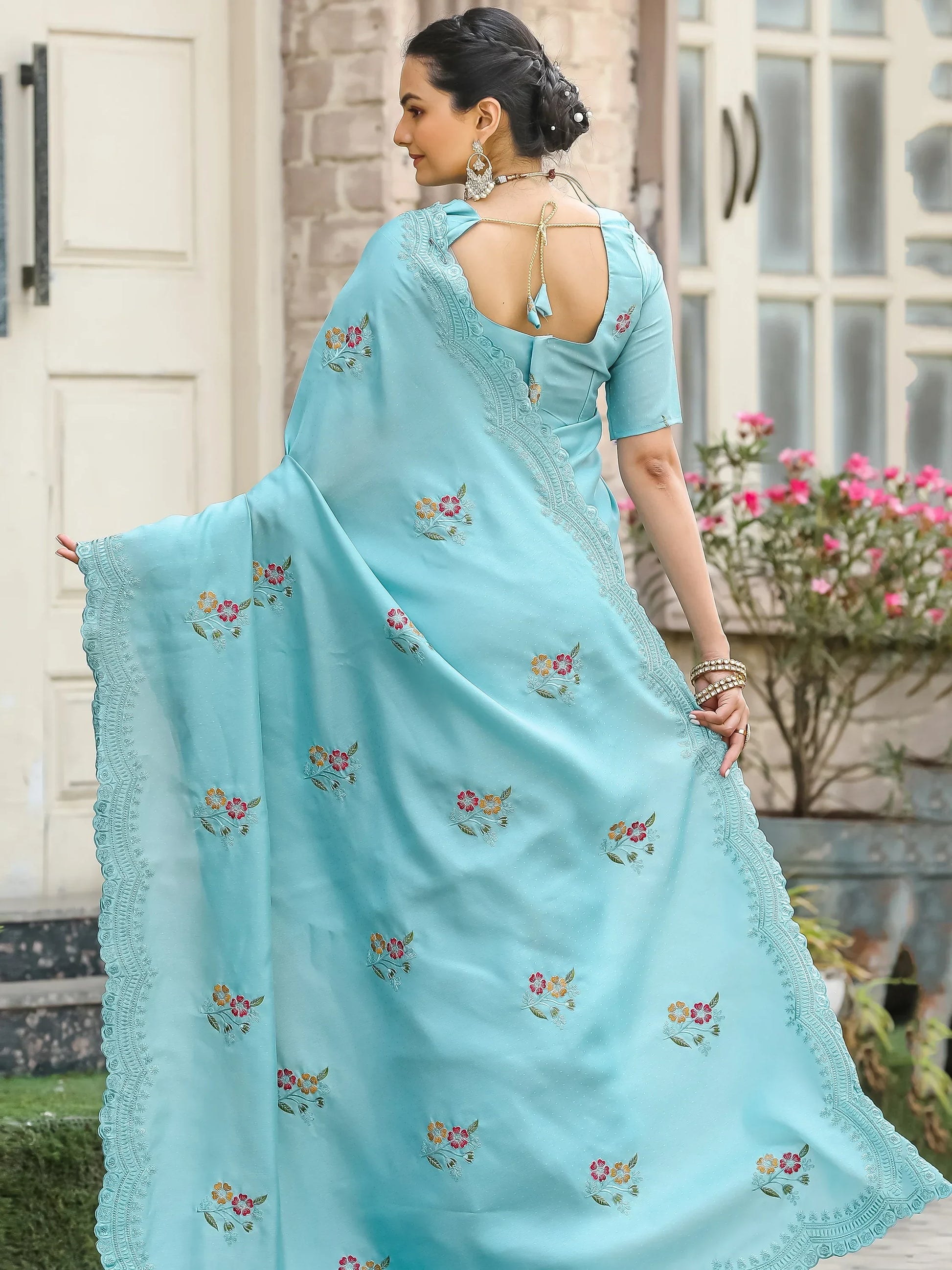 Beautiful Sky-Blue Embroidered Cotton Festival Wear Saree With Blouse - Zeel Clothing