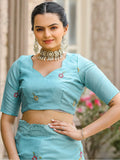Beautiful Sky-Blue Embroidered Cotton Festival Wear Saree With Blouse - Zeel Clothing