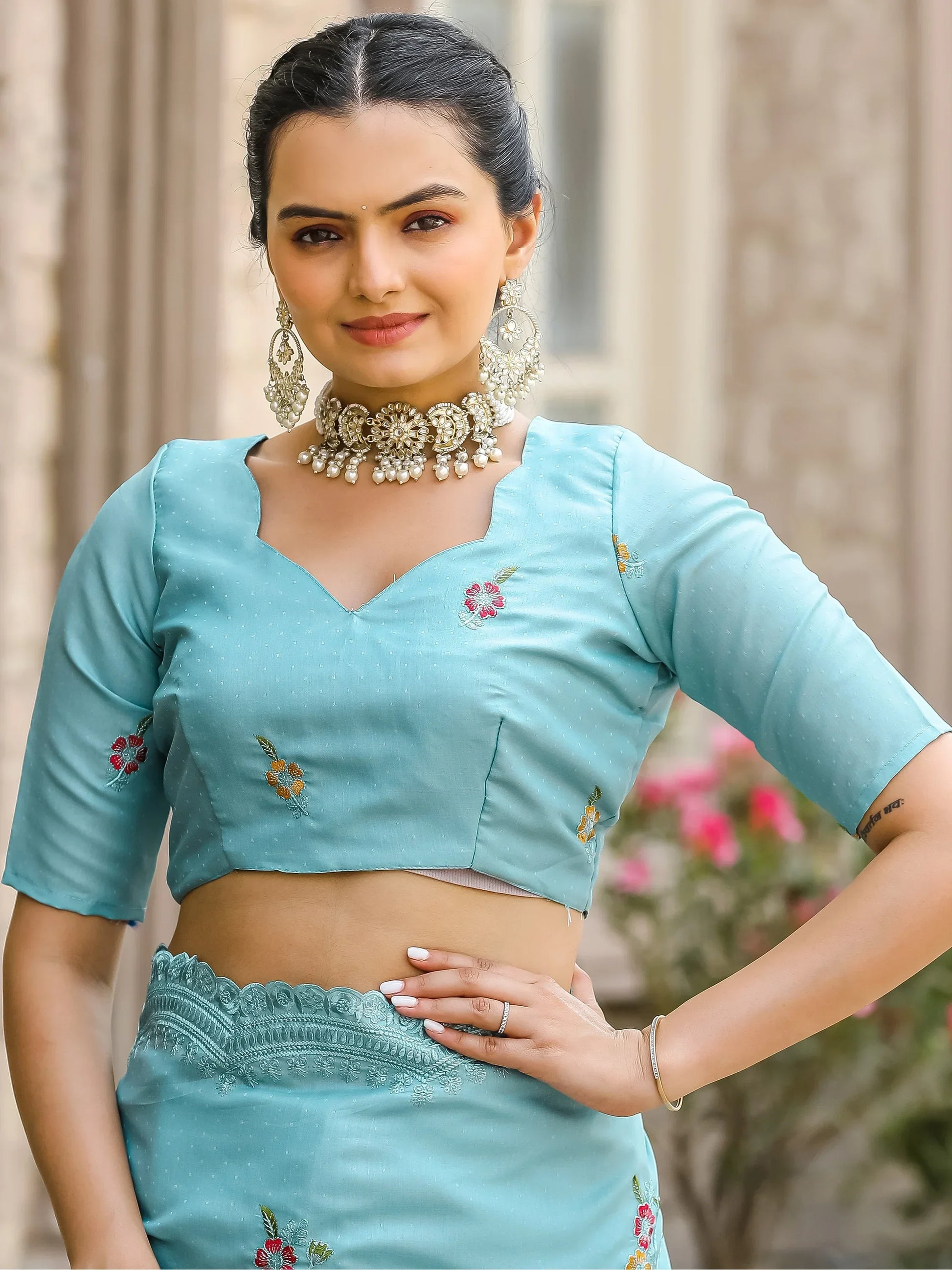 Beautiful Sky-Blue Embroidered Cotton Festival Wear Saree With Blouse - Zeel Clothing