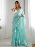 Beautiful Sky Blue Embroidered Organza Event Wear Saree With Blouse - Zeel Clothing