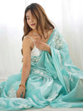 Beautiful Sky Blue Embroidered Organza Event Wear Saree With Blouse - Zeel Clothing