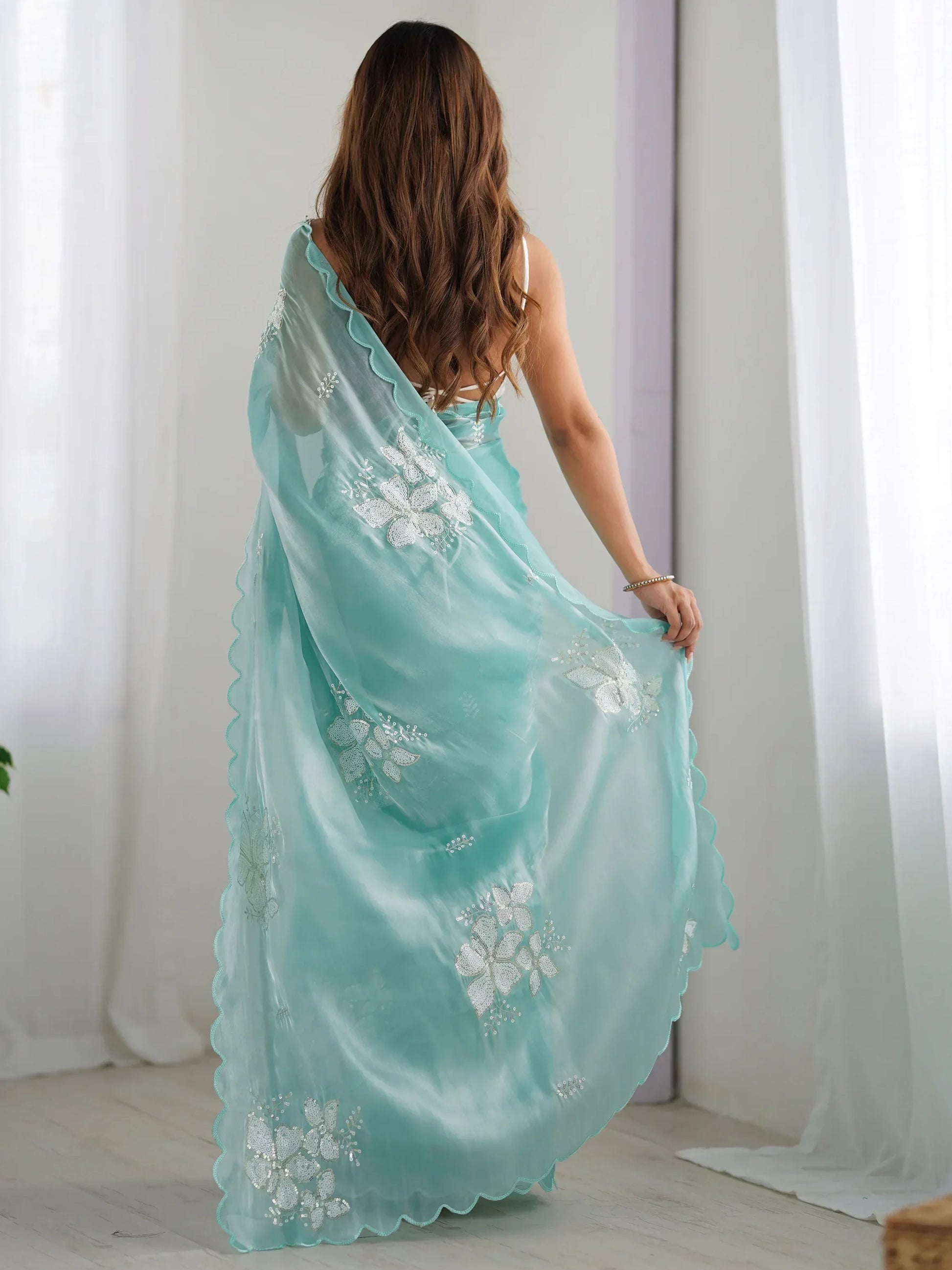 Beautiful Sky Blue Embroidered Organza Event Wear Saree With Blouse - Zeel Clothing