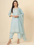 Beautiful Sky-Blue Embroidered Work Silk Traditional Pant Suit - Zeel Clothing