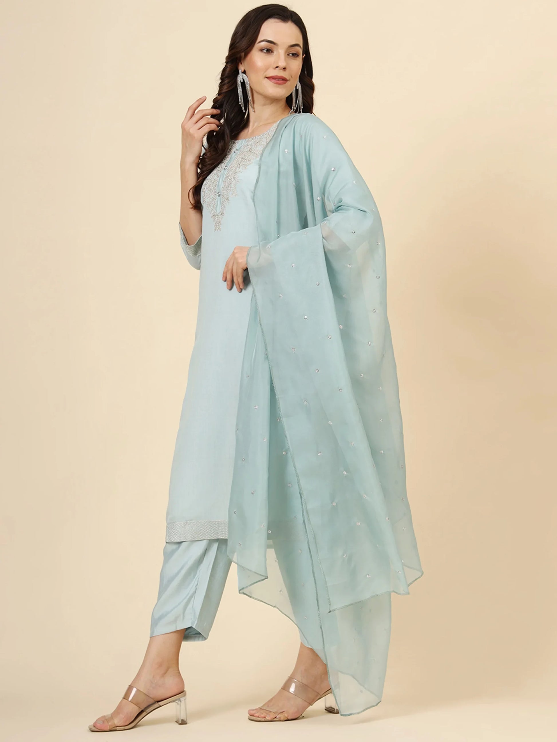 Beautiful Sky-Blue Embroidered Work Silk Traditional Pant Suit - Zeel Clothing