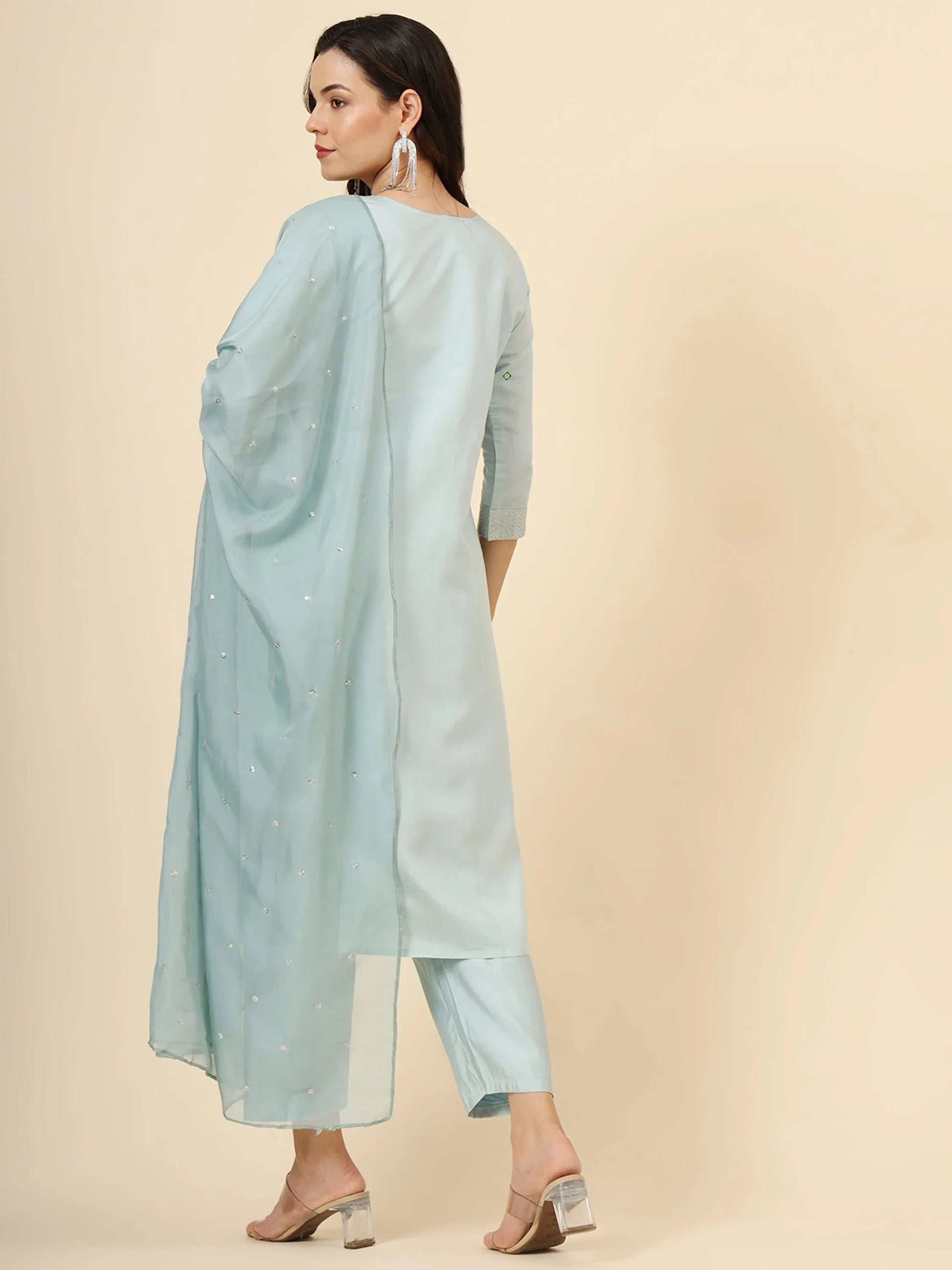 Beautiful Sky-Blue Embroidered Work Silk Traditional Pant Suit - Zeel Clothing