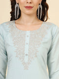 Beautiful Sky-Blue Embroidered Work Silk Traditional Pant Suit - Zeel Clothing