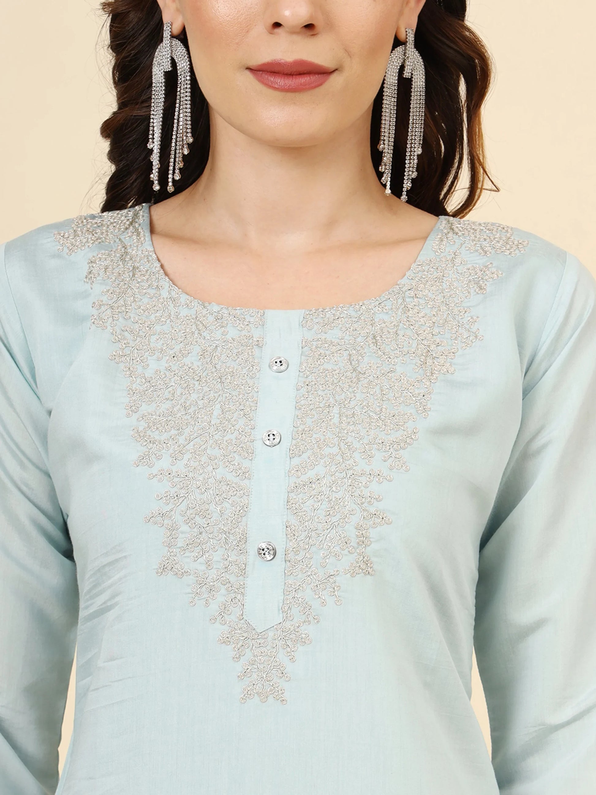 Beautiful Sky-Blue Embroidered Work Silk Traditional Pant Suit - Zeel Clothing