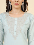 Beautiful Sky-Blue Embroidered Work Silk Traditional Pant Suit - Zeel Clothing