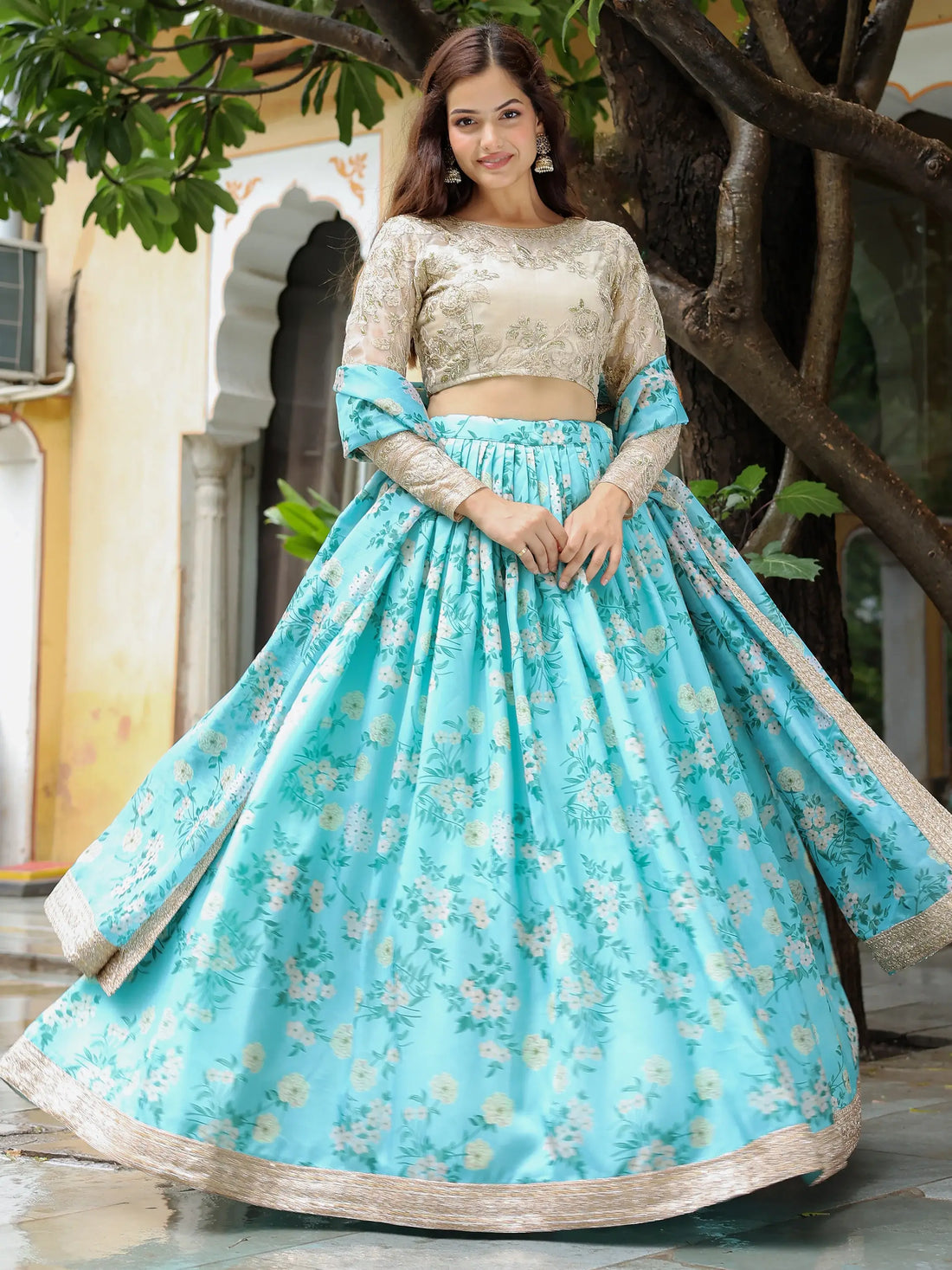 Beautiful Sky Blue Floral Print Organza Lehenga Choli With Dupatta - Zeel Clothing
