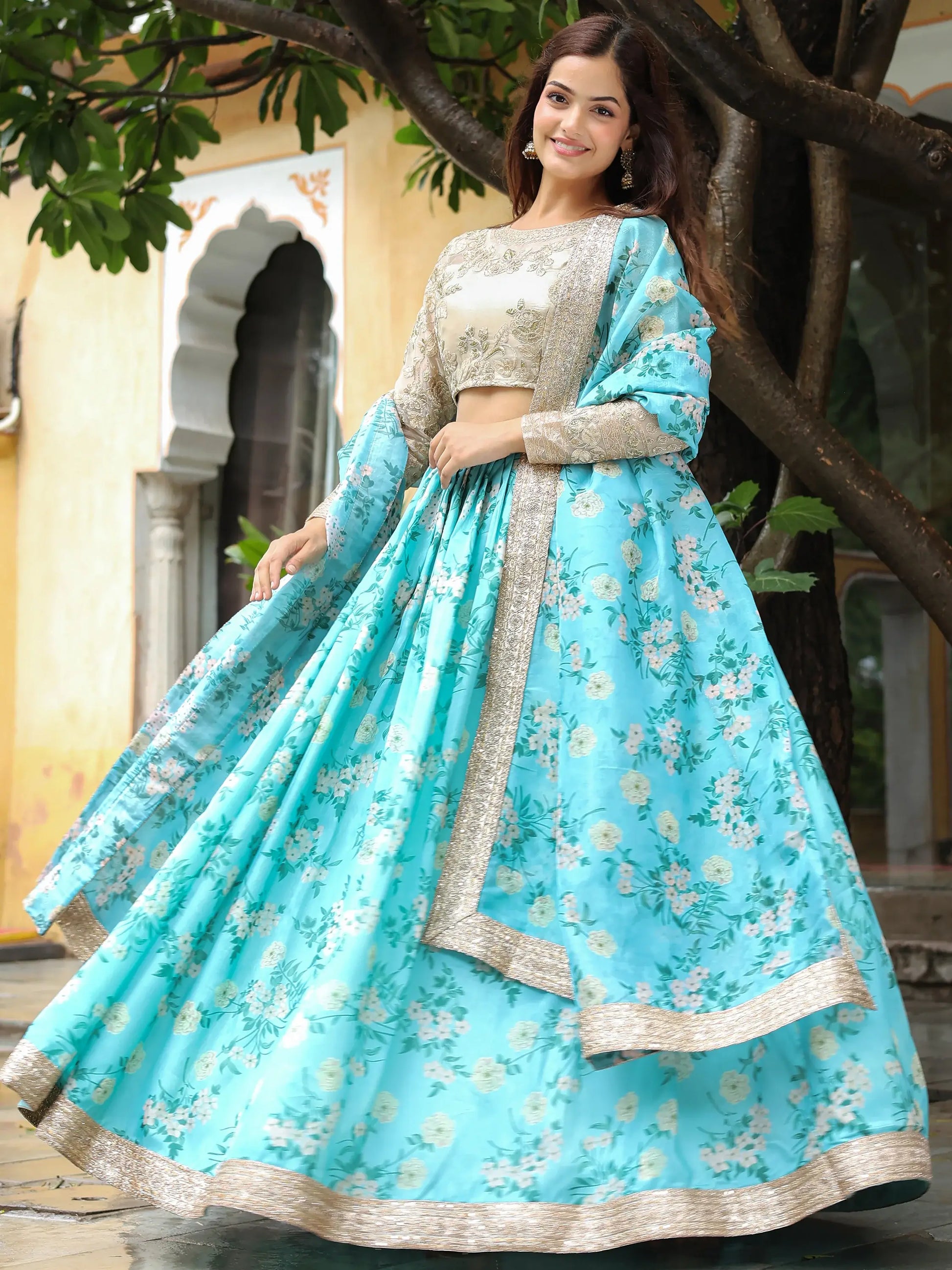 Beautiful Sky Blue Floral Print Organza Lehenga Choli With Dupatta - Zeel Clothing