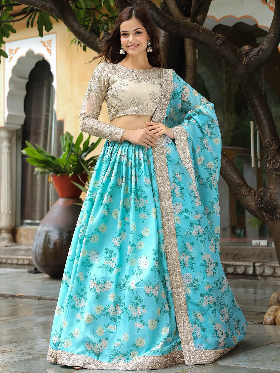 Beautiful Sky Blue Floral Print Organza Lehenga Choli With Dupatta - Zeel Clothing