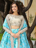 Beautiful Sky Blue Floral Print Organza Lehenga Choli With Dupatta - Zeel Clothing