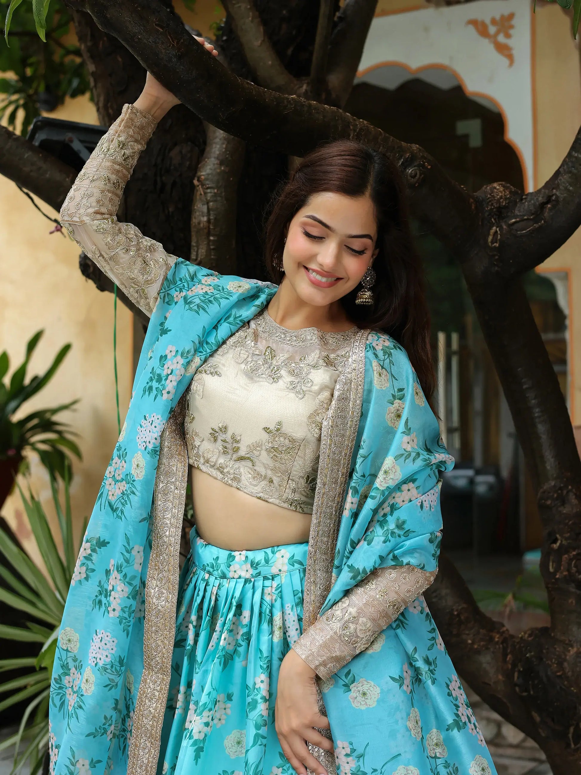 Beautiful Sky Blue Floral Print Organza Lehenga Choli With Dupatta - Zeel Clothing
