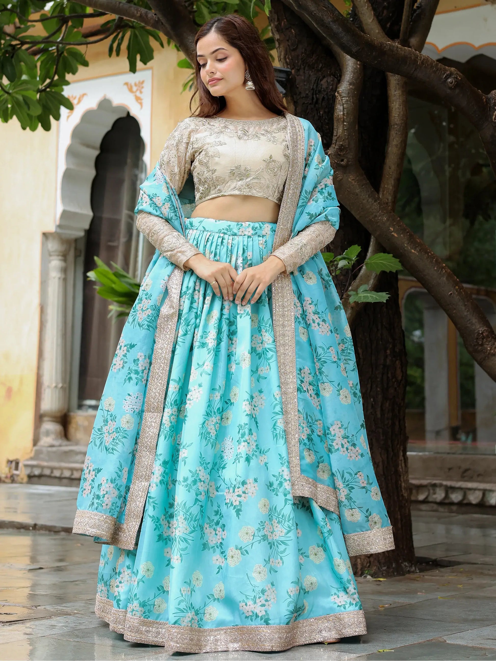 Beautiful Sky Blue Floral Print Organza Lehenga Choli With Dupatta - Zeel Clothing