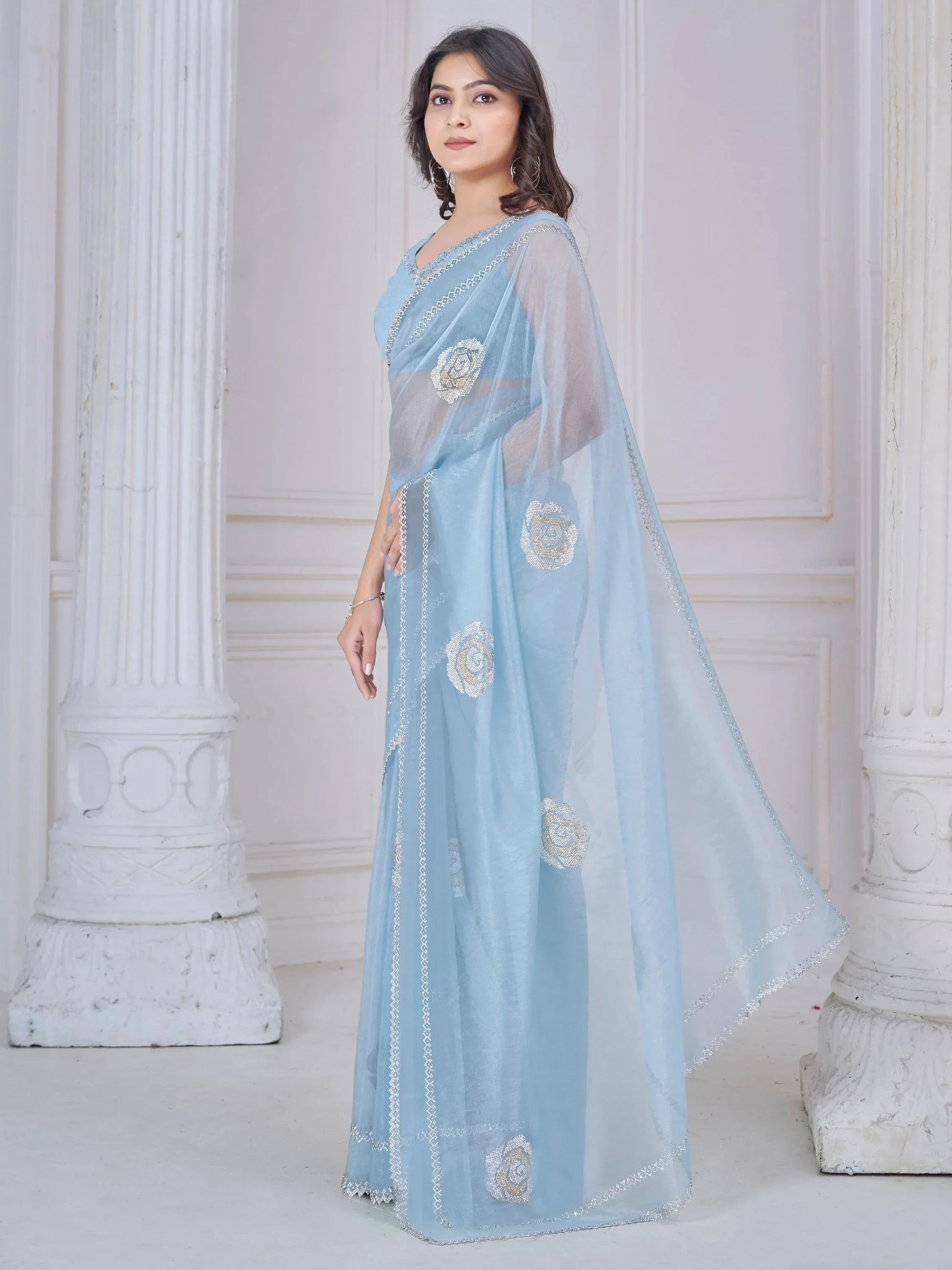 Beautiful Sky Blue Jarkan Work Organza Party Wear Saree With Blouse - Zeel Clothing