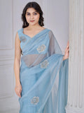 Beautiful Sky Blue Jarkan Work Organza Party Wear Saree With Blouse - Zeel Clothing