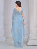 Beautiful Sky Blue Jarkan Work Organza Party Wear Saree With Blouse - Zeel Clothing