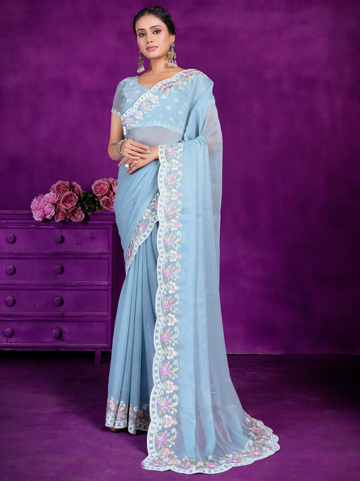 Beautiful Sky-Blue Lace Work Chiffon Event Wear Saree With Blouse