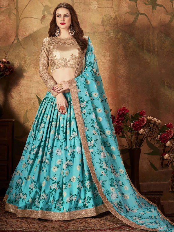 Beautiful Sky Blue Sabyasachi Floral Digital Printed Organza Party Wear Lehenga Choli