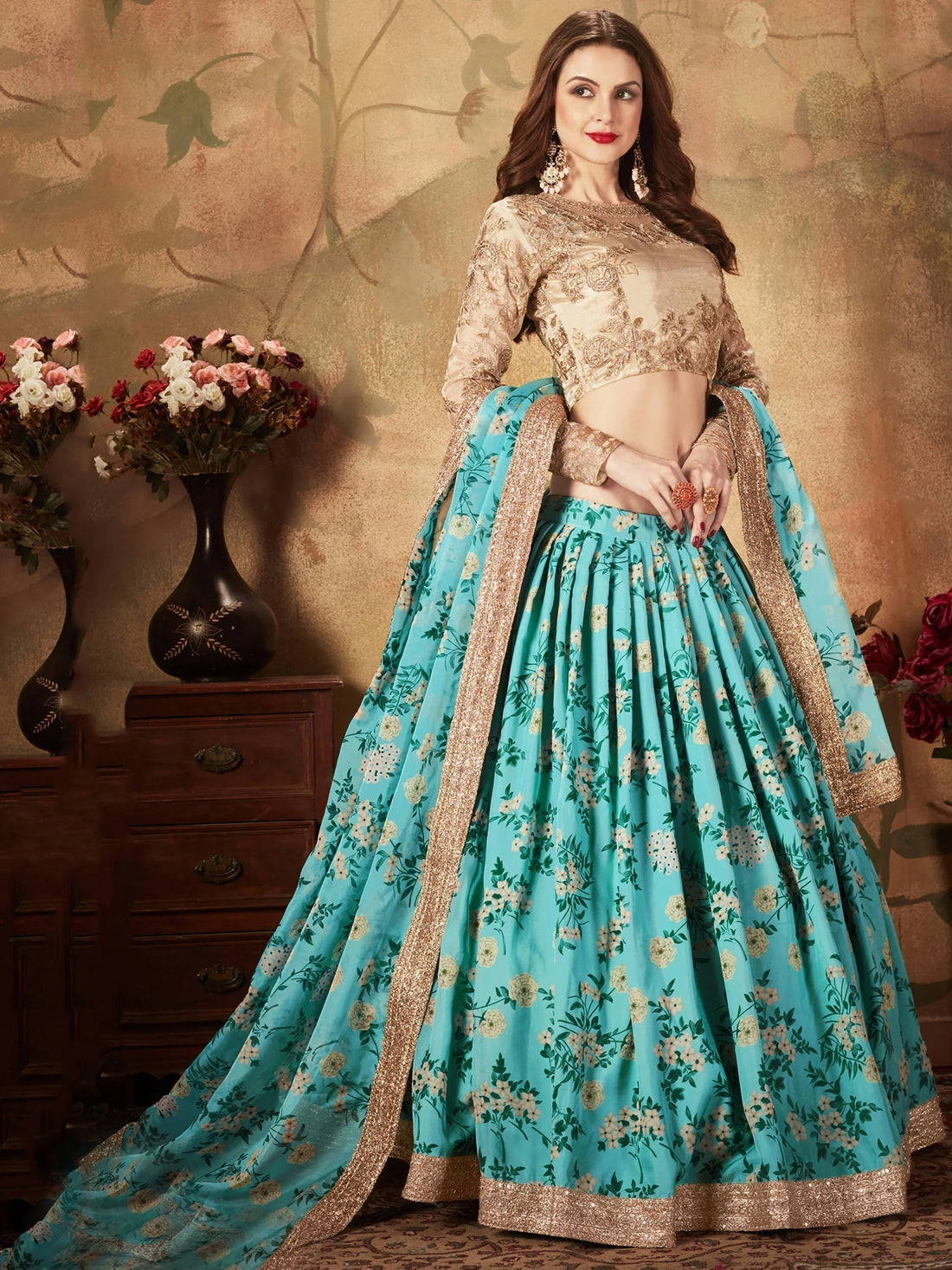 Beautiful Sky Blue Sabyasachi Floral Digital Printed Organza Party Wear Lehenga Choli