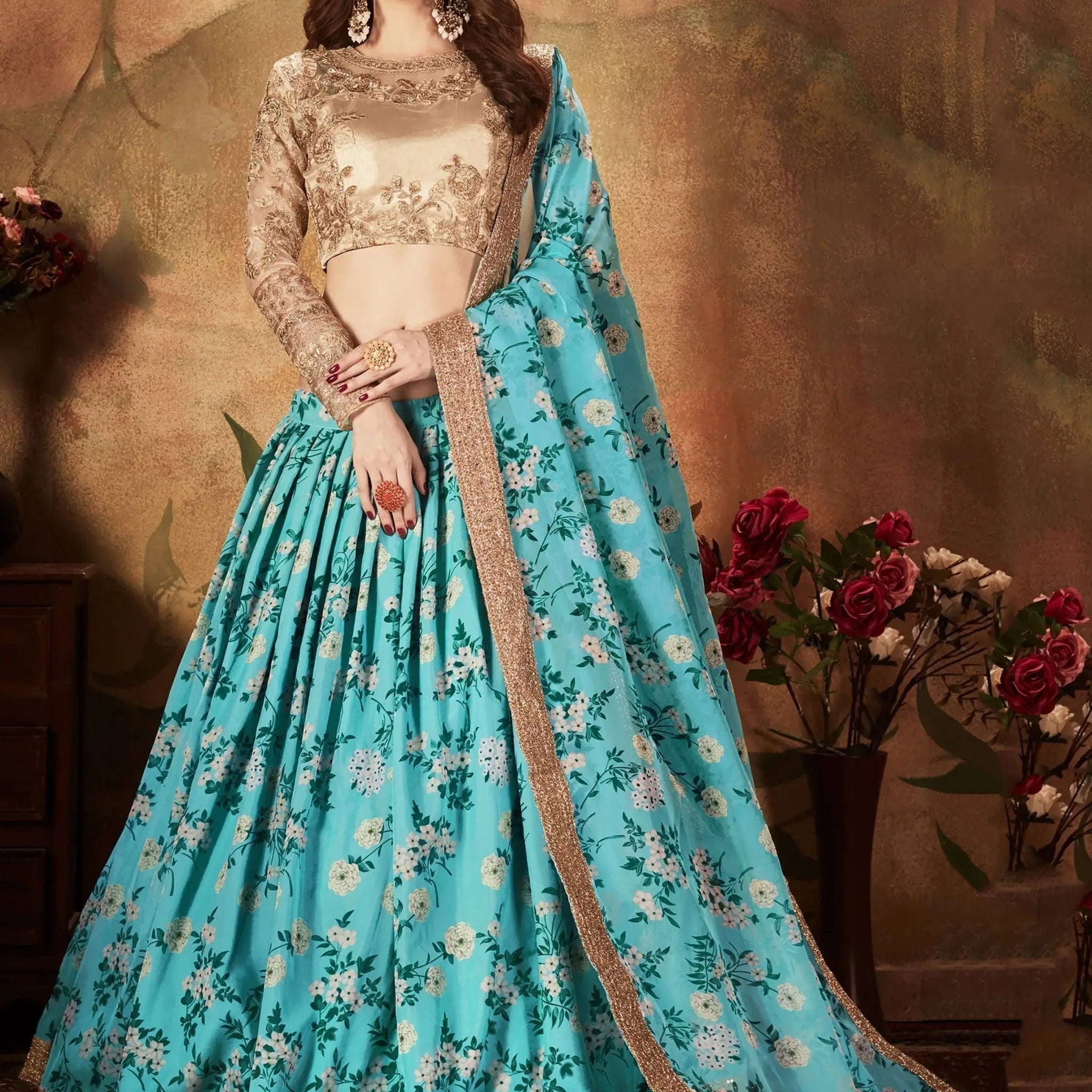 Beautiful Sky Blue Sabyasachi Floral Digital Printed Organza Party Wear Lehenga Choli - Zeel Clothing