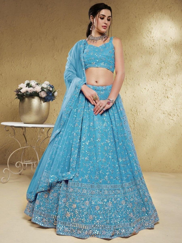 Beautiful Sky-Blue Sequins Georgette Lehenga Choli With Dupatta