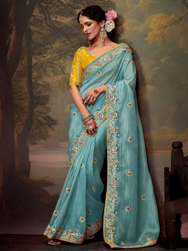 Beautiful Sky-Blue Sequins Silk Wedding Wear Saree With Blouse - Zeel Clothing