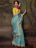 Beautiful Sky-Blue Sequins Silk Wedding Wear Saree With Blouse - Zeel Clothing