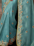 Beautiful Sky-Blue Sequins Silk Wedding Wear Saree With Blouse - Zeel Clothing