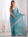 Beautiful Sky-Blue Swarovski Work Organza Saree With Blouse - Zeel Clothing