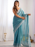 Beautiful Sky-Blue Swarovski Work Organza Saree With Blouse - Zeel Clothing