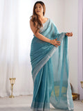 Beautiful Sky-Blue Swarovski Work Organza Saree With Blouse - Zeel Clothing
