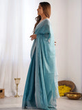 Beautiful Sky-Blue Swarovski Work Organza Saree With Blouse - Zeel Clothing