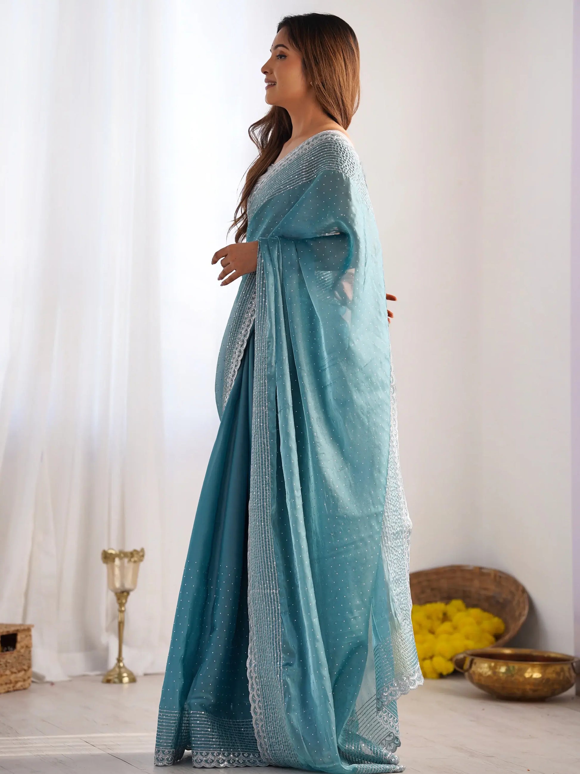 Beautiful Sky-Blue Swarovski Work Organza Saree With Blouse - Zeel Clothing
