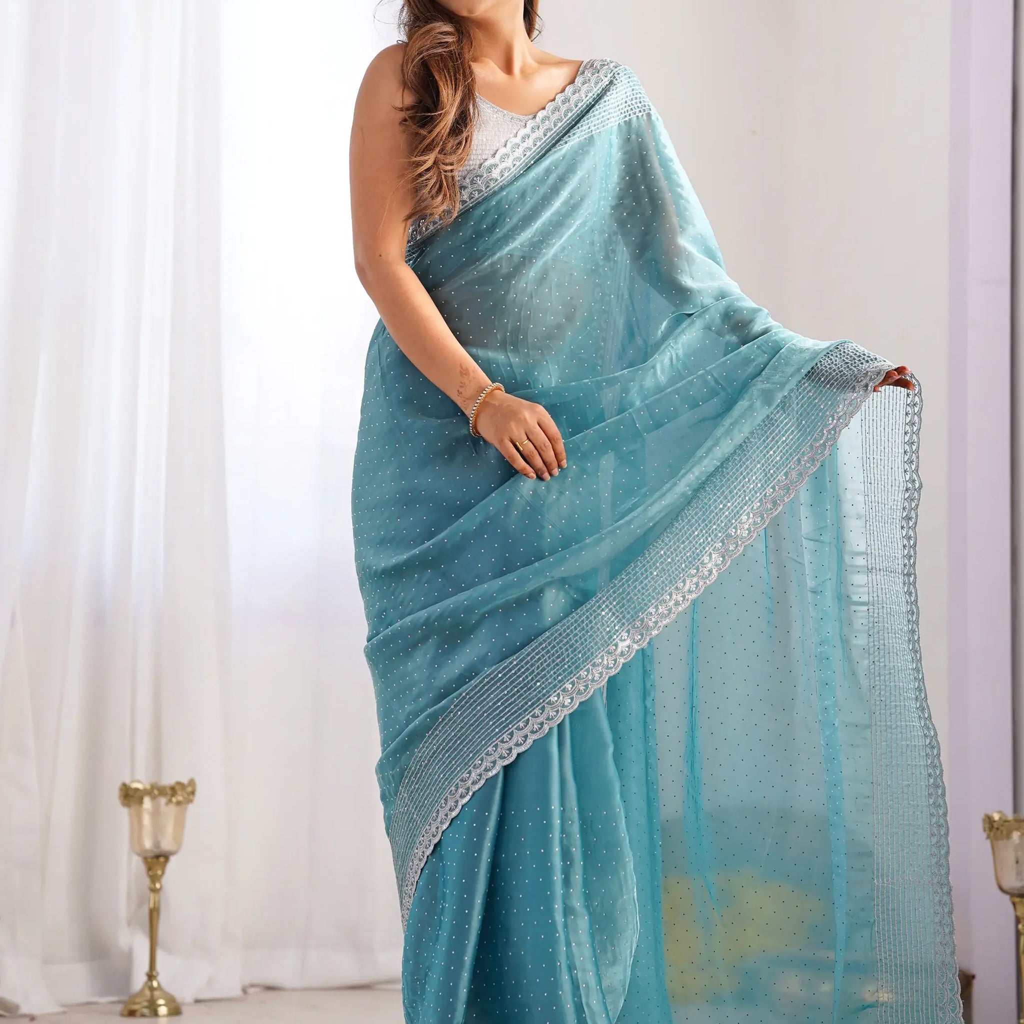 Beautiful Sky-Blue Swarovski Work Organza Saree With Blouse - Zeel Clothing