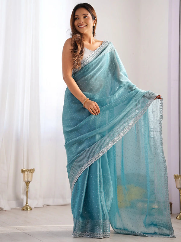 Beautiful Sky-Blue Swarovski Work Organza Saree With Blouse - Zeel Clothing