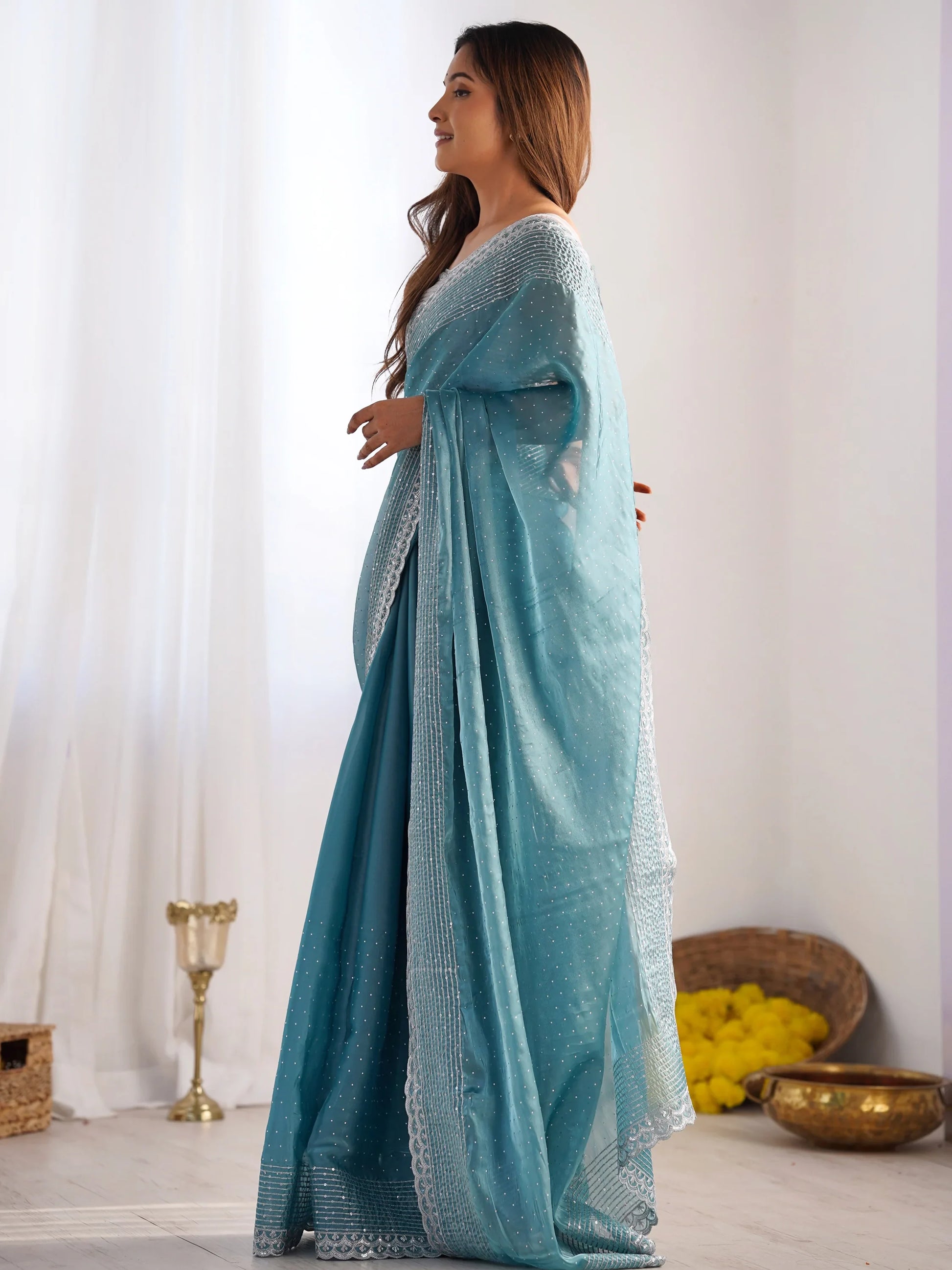 Beautiful Sky-Blue Swarovski Work Organza Saree With Blouse - Zeel Clothing