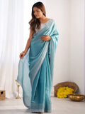 Beautiful Sky-Blue Swarovski Work Organza Saree With Blouse - Zeel Clothing