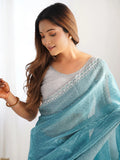 Beautiful Sky-Blue Swarovski Work Organza Saree With Blouse - Zeel Clothing