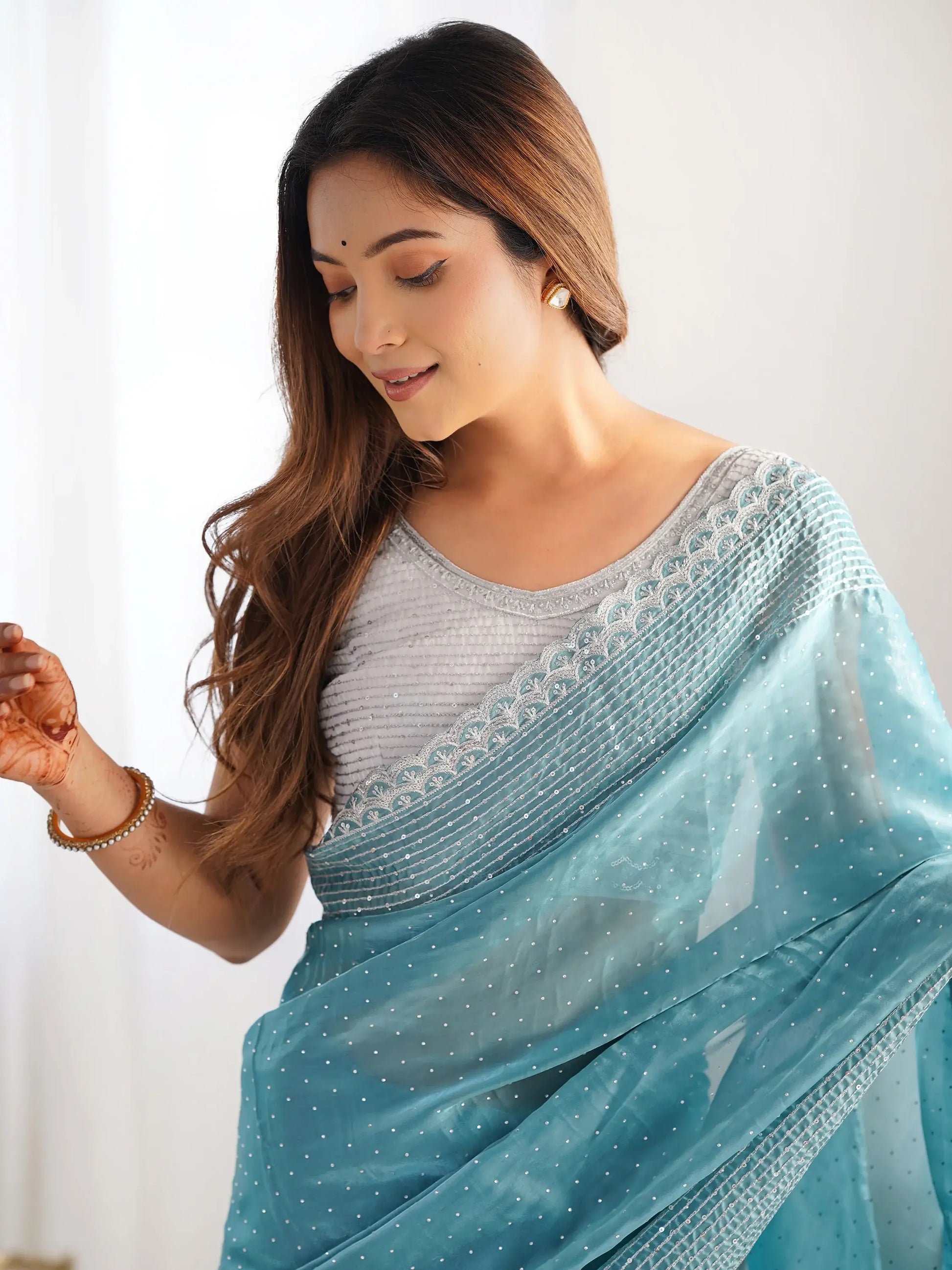 Beautiful Sky-Blue Swarovski Work Organza Saree With Blouse - Zeel Clothing