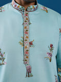 Beautiful Sky Blue Thread Embroidery Viscose Silk Traditional Men Kurta And Pant