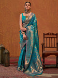 Beautiful Sky-Blue Zari Weaving Silk Event Wear Saree With Blouse - Zeel Clothing