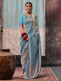 Beautiful Sky-Blue Zari Weaving Silk Festival Wear Saree With Blouse