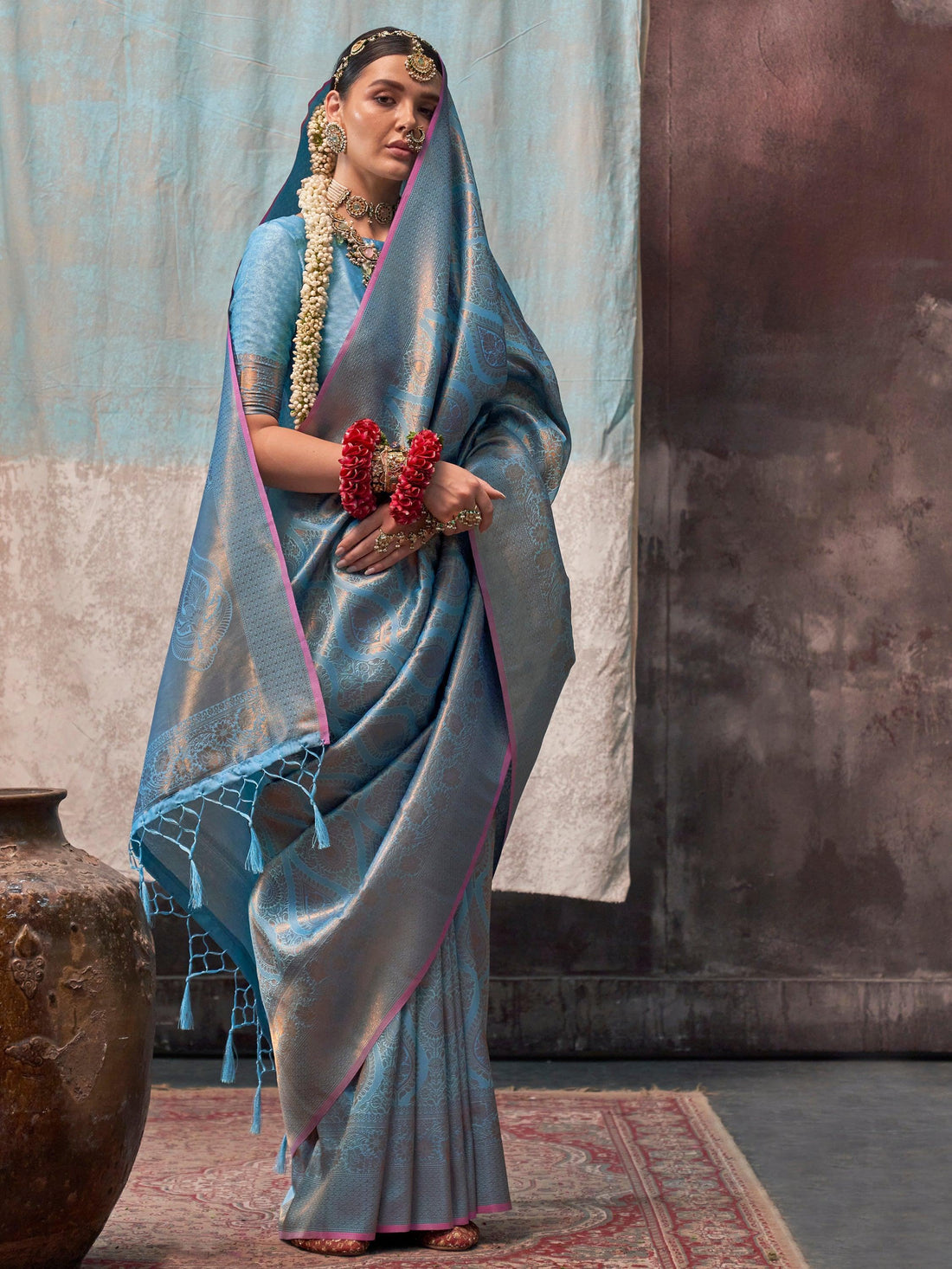 Beautiful Sky-Blue Zari Weaving Silk Festival Wear Saree With Blouse