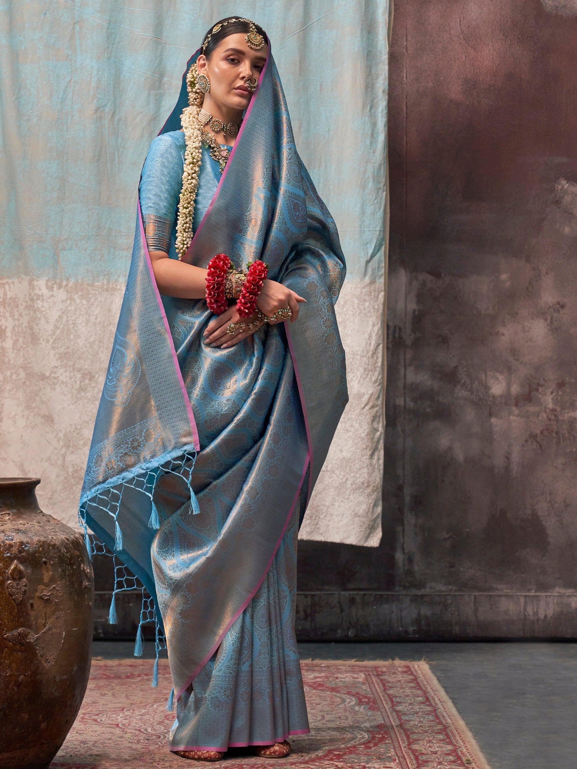 Beautiful Sky-Blue Zari Weaving Silk Festival Wear Saree With Blouse