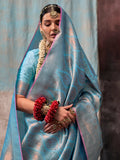 Beautiful Sky-Blue Zari Weaving Silk Festival Wear Saree With Blouse