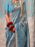 Beautiful Sky-Blue Zari Weaving Silk Festival Wear Saree With Blouse