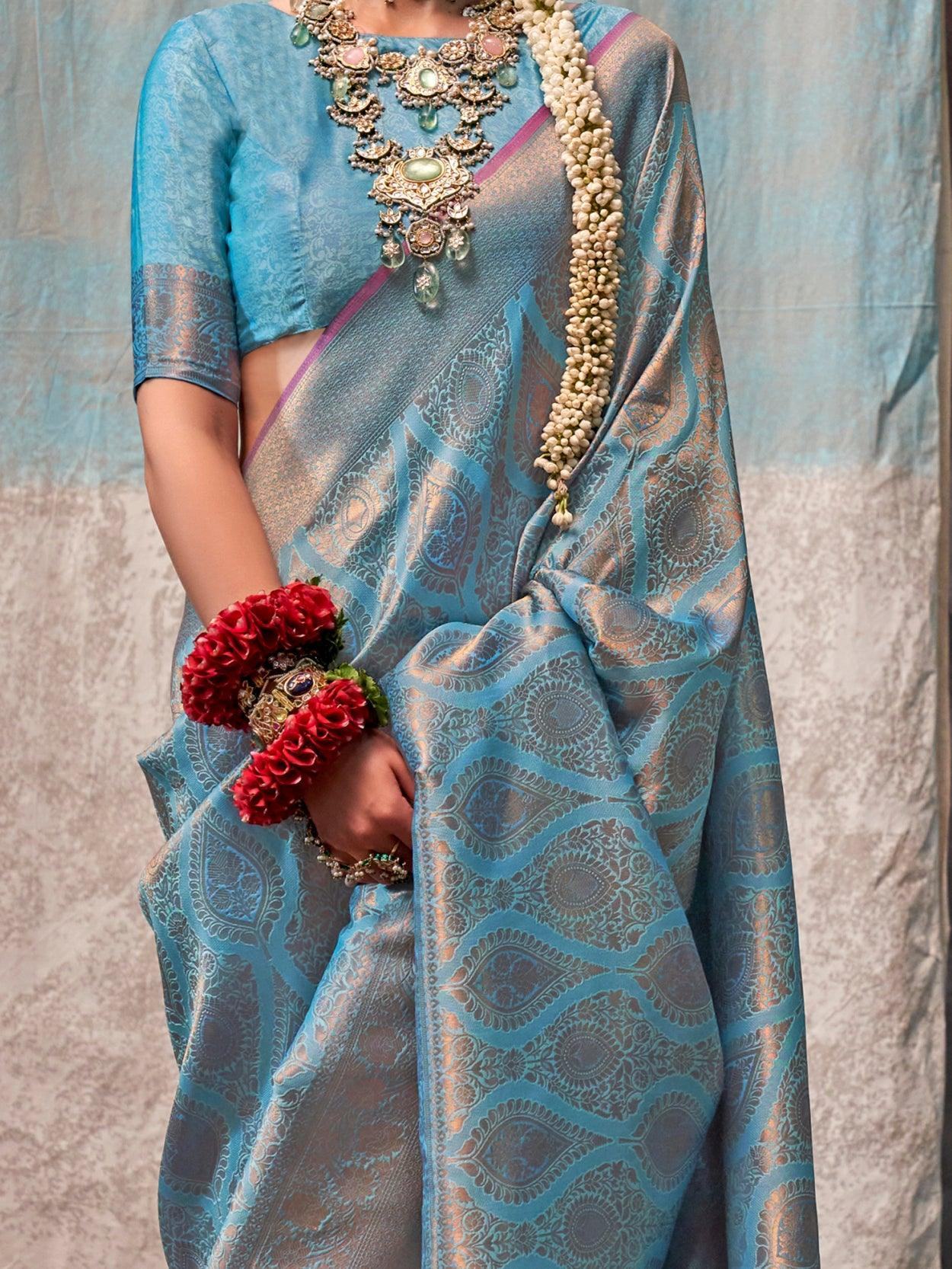 Beautiful Sky-Blue Zari Weaving Silk Festival Wear Saree With Blouse