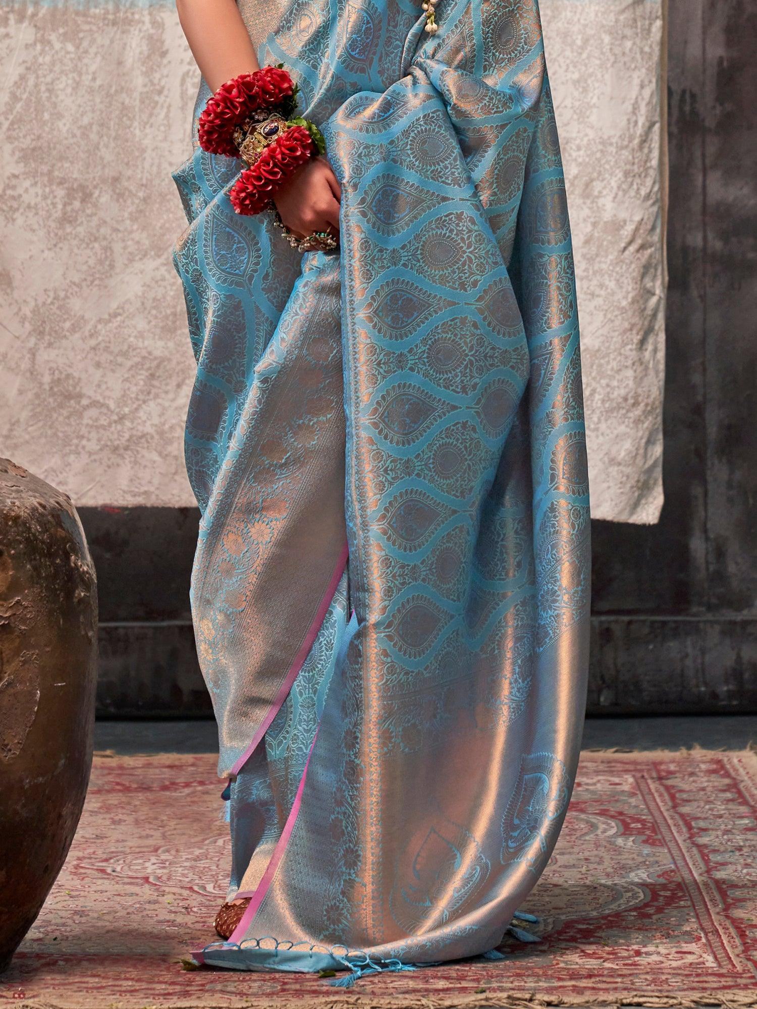 Beautiful Sky-Blue Zari Weaving Silk Festival Wear Saree With Blouse